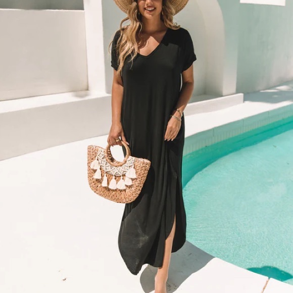 black maxi V-neck T shirt casual boho with pockets - Picture 4 of 11
